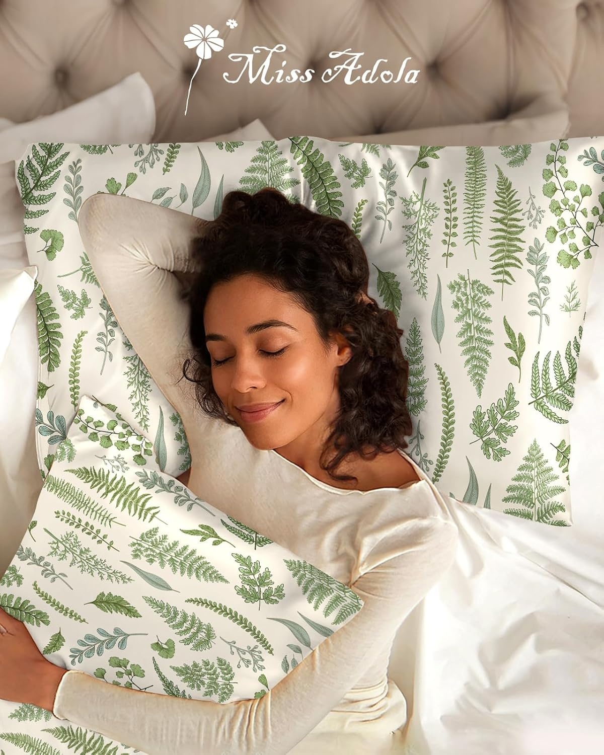 image:imageMiss Adola 2 Pack Silk Pillowcases 20x26 Inch Standard Size Silk Pillow Cases with Hidden Zipper for Women Lady Smooth Soft Breathable Cooling Design Pillowcases for Hair and Skin Green LeafGreen Leaf