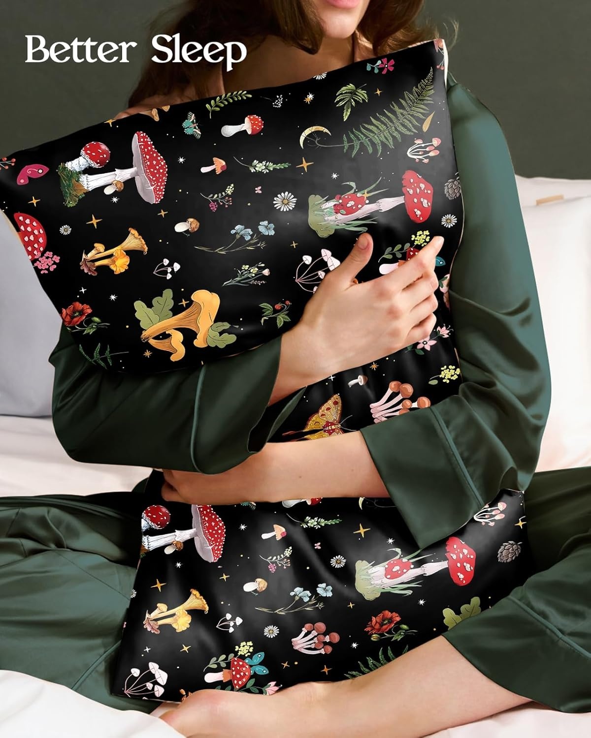 image:imageMiss Adola 2 Pack Silk Pillowcases 20x26 Inch Standard Size Silk Pillow Cases with Hidden Zipper for Women Lady Smooth Soft Breathable Cooling Design Pillowcases for Hair and Skin Green LeafBlack Mushroom