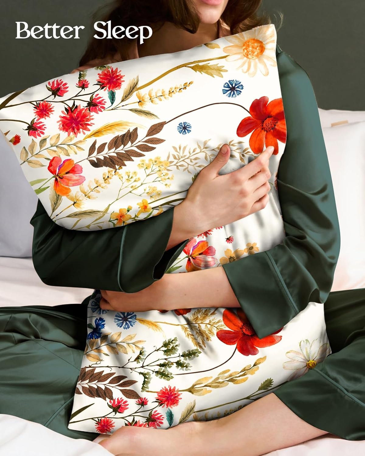 image:imageMiss Adola 2 Pack Silk Pillowcases 20x26 Inch Standard Size Silk Pillow Cases with Hidden Zipper for Women Lady Smooth Soft Breathable Cooling Design Pillowcases for Hair and Skin Green Leaf3d Red Flower
