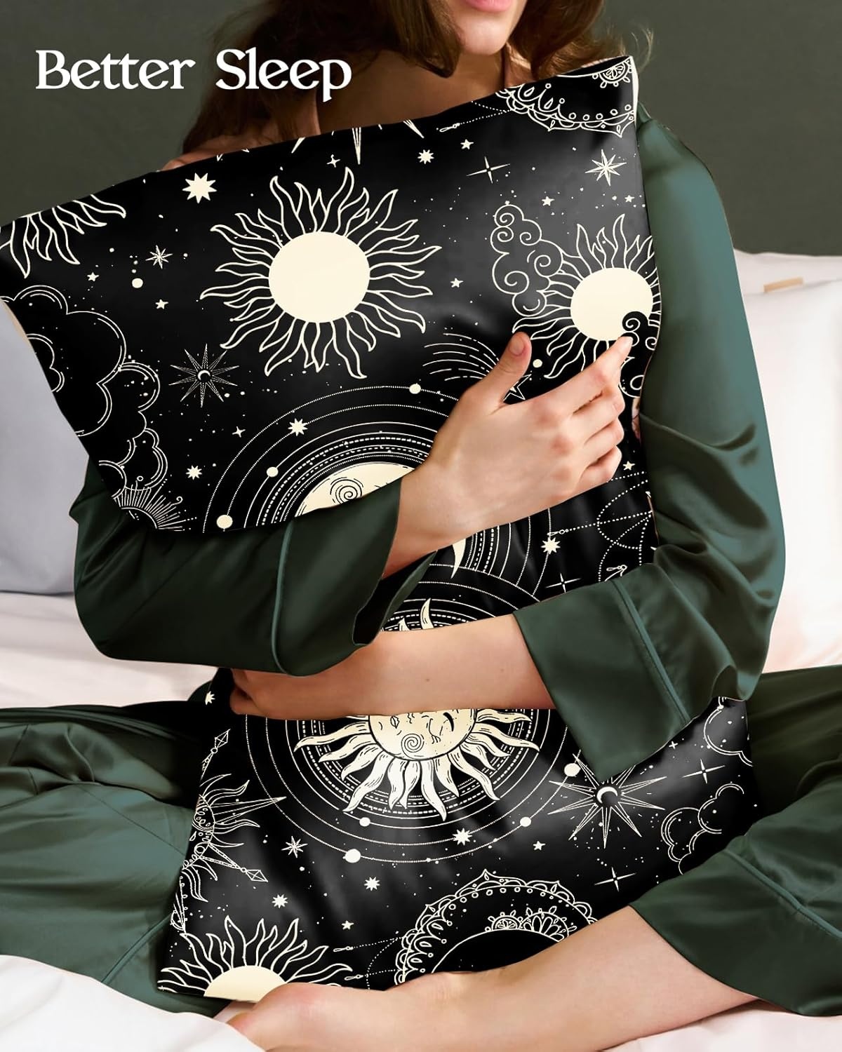 image:imageMiss Adola 2 Pack Silk Pillowcases 20x26 Inch Standard Size Silk Pillow Cases with Hidden Zipper for Women Lady Smooth Soft Breathable Cooling Design Pillowcases for Hair and Skin Green LeafBlack Star Moon