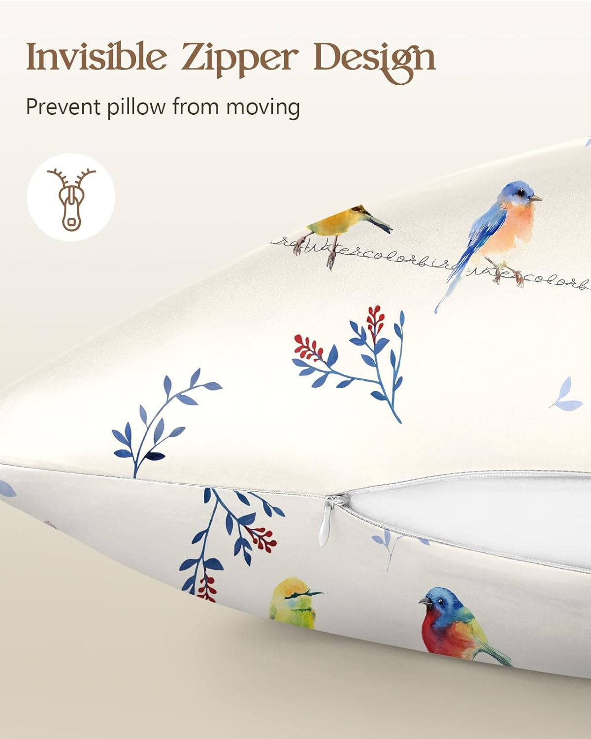 image:imageMiss Adola 2 Pack Silk Pillowcases 20x26 Inch Standard Size Silk Pillow Cases with Hidden Zipper for Women Lady Smooth Soft Breathable Cooling Design Pillowcases for Hair and Skin Green LeafWatercolor Bird