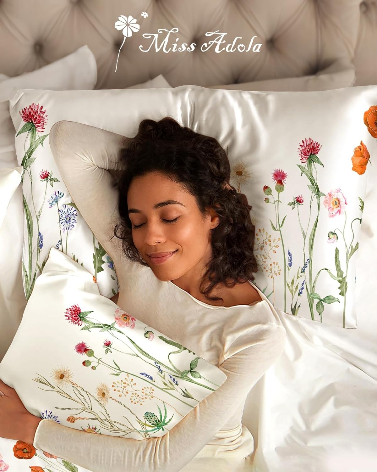 image:imageMiss Adola 2 Pack Silk Pillowcases 20x26 Inch Standard Size Silk Pillow Cases with Hidden Zipper for Women Lady Smooth Soft Breathable Cooling Design Pillowcases for Hair and Skin Green LeafQuiet Flower
