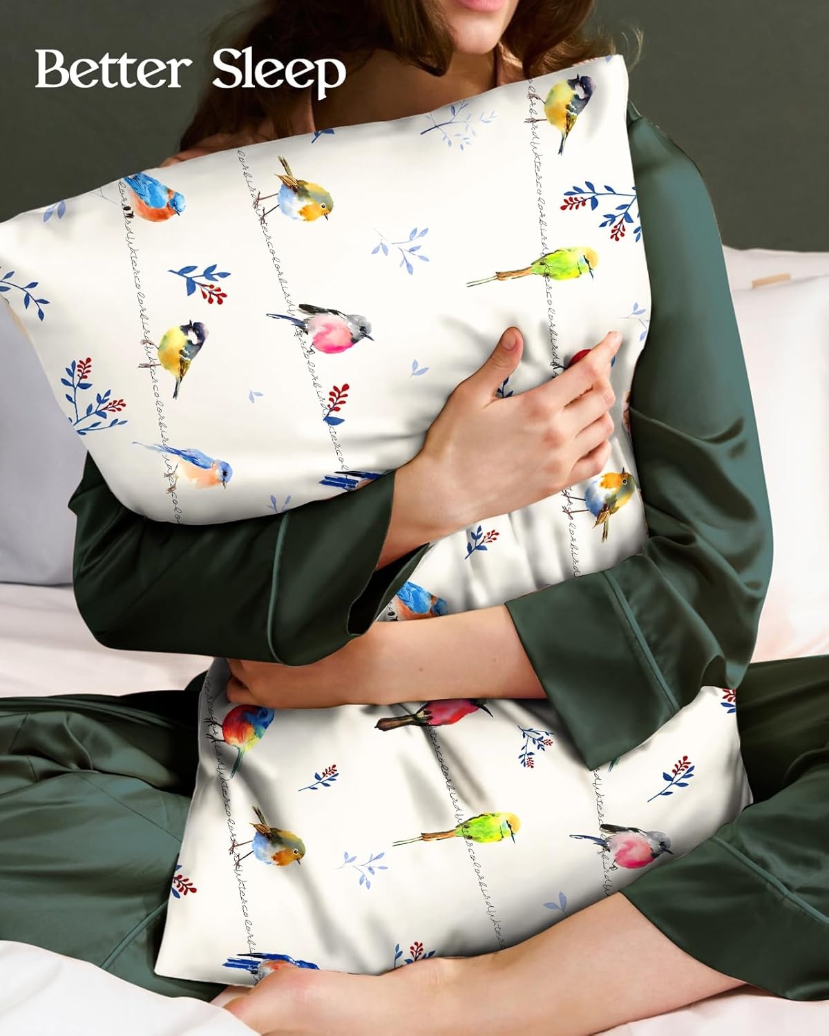 image:imageMiss Adola 2 Pack Silk Pillowcases 20x26 Inch Standard Size Silk Pillow Cases with Hidden Zipper for Women Lady Smooth Soft Breathable Cooling Design Pillowcases for Hair and Skin Green LeafWatercolor Bird