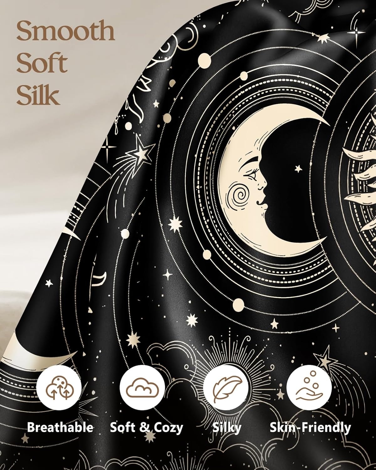 image:imageMiss Adola 2 Pack Silk Pillowcases 20x26 Inch Standard Size Silk Pillow Cases with Hidden Zipper for Women Lady Smooth Soft Breathable Cooling Design Pillowcases for Hair and Skin Green LeafBlack Star Moon