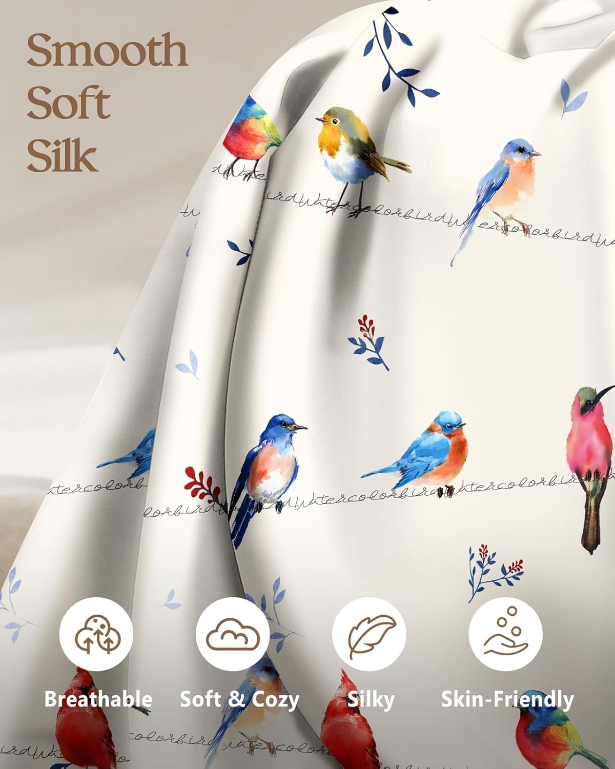 image:imageMiss Adola 2 Pack Silk Pillowcases 20x26 Inch Standard Size Silk Pillow Cases with Hidden Zipper for Women Lady Smooth Soft Breathable Cooling Design Pillowcases for Hair and Skin Green LeafWatercolor Bird