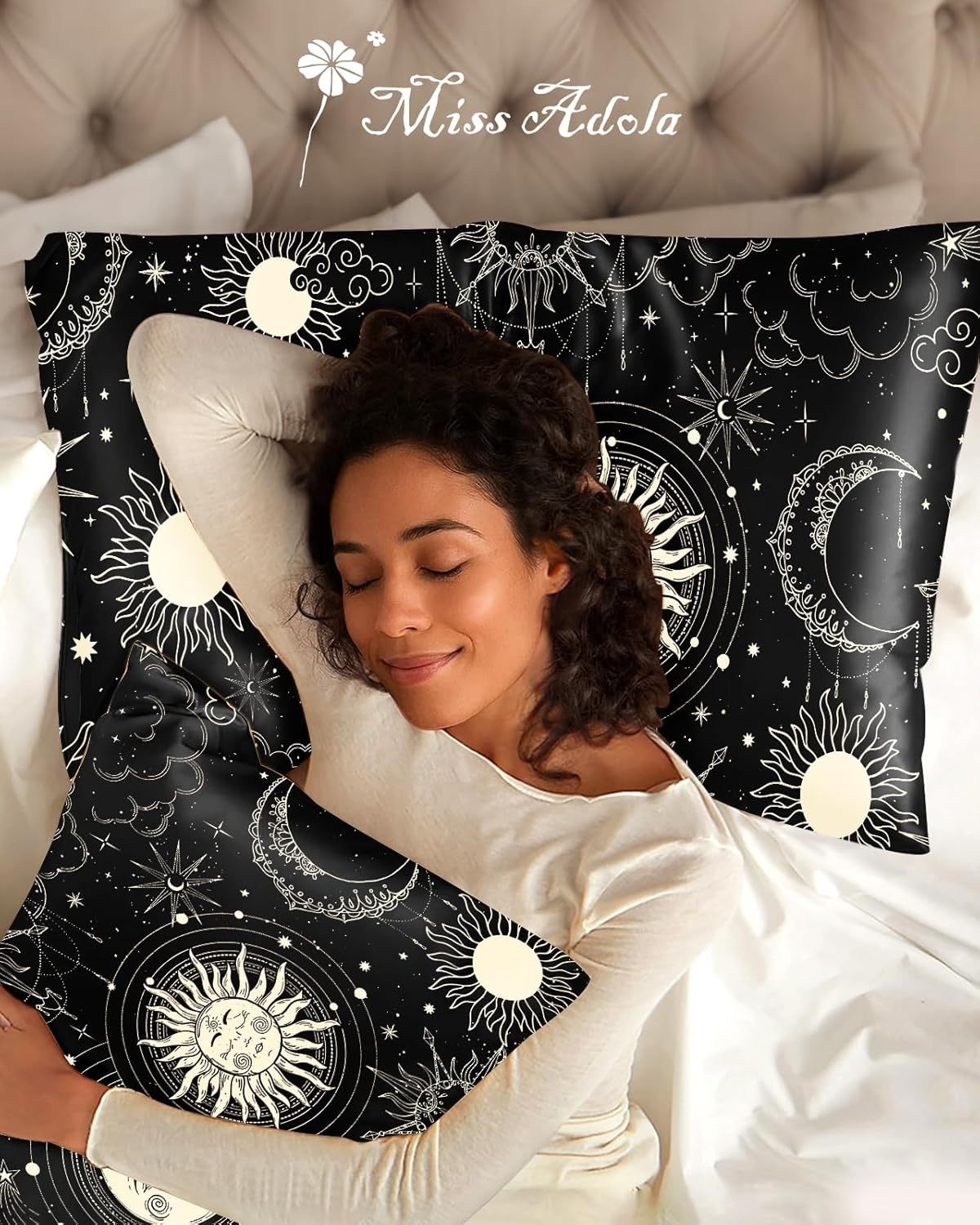 image:imageMiss Adola 2 Pack Silk Pillowcases 20x26 Inch Standard Size Silk Pillow Cases with Hidden Zipper for Women Lady Smooth Soft Breathable Cooling Design Pillowcases for Hair and Skin Green LeafBlack Star Moon