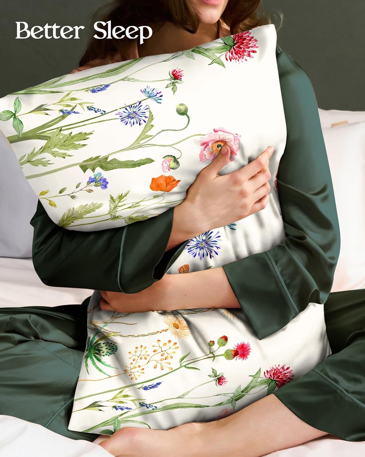image:imageMiss Adola 2 Pack Silk Pillowcases 20x26 Inch Standard Size Silk Pillow Cases with Hidden Zipper for Women Lady Smooth Soft Breathable Cooling Design Pillowcases for Hair and Skin Green LeafQuiet Flower