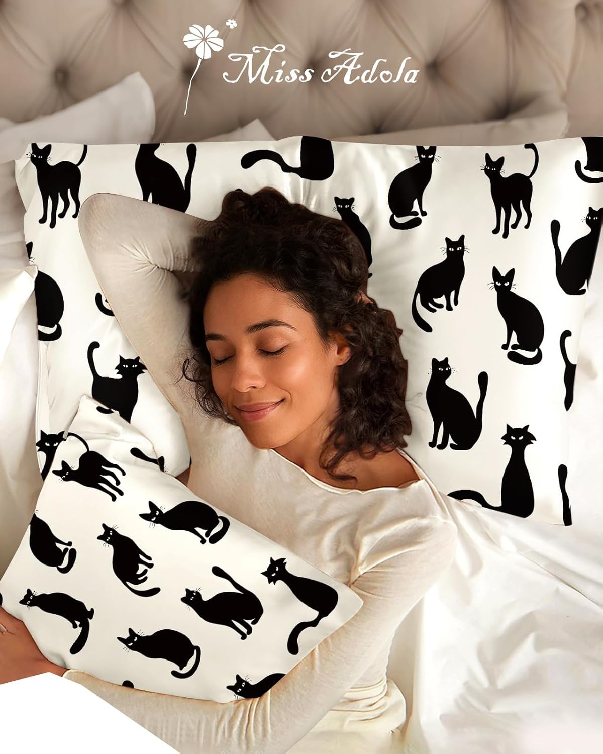 image:imageMiss Adola 2 Pack Silk Pillowcases 20x26 Inch Standard Size Silk Pillow Cases with Hidden Zipper for Women Lady Smooth Soft Breathable Cooling Design Pillowcases for Hair and Skin Green LeafBlack Cats