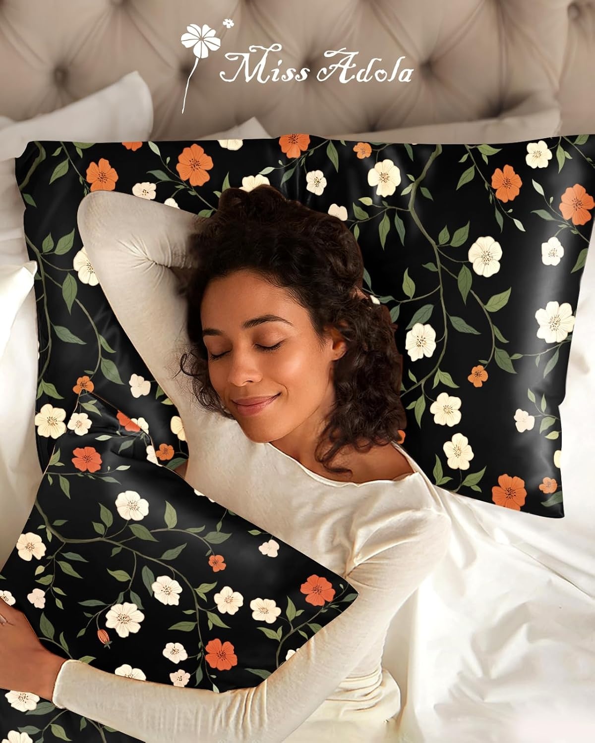 image:imageMiss Adola 2 Pack Silk Pillowcases 20x26 Inch Standard Size Silk Pillow Cases with Hidden Zipper for Women Lady Smooth Soft Breathable Cooling Design Pillowcases for Hair and Skin Green LeafBlack Flowers