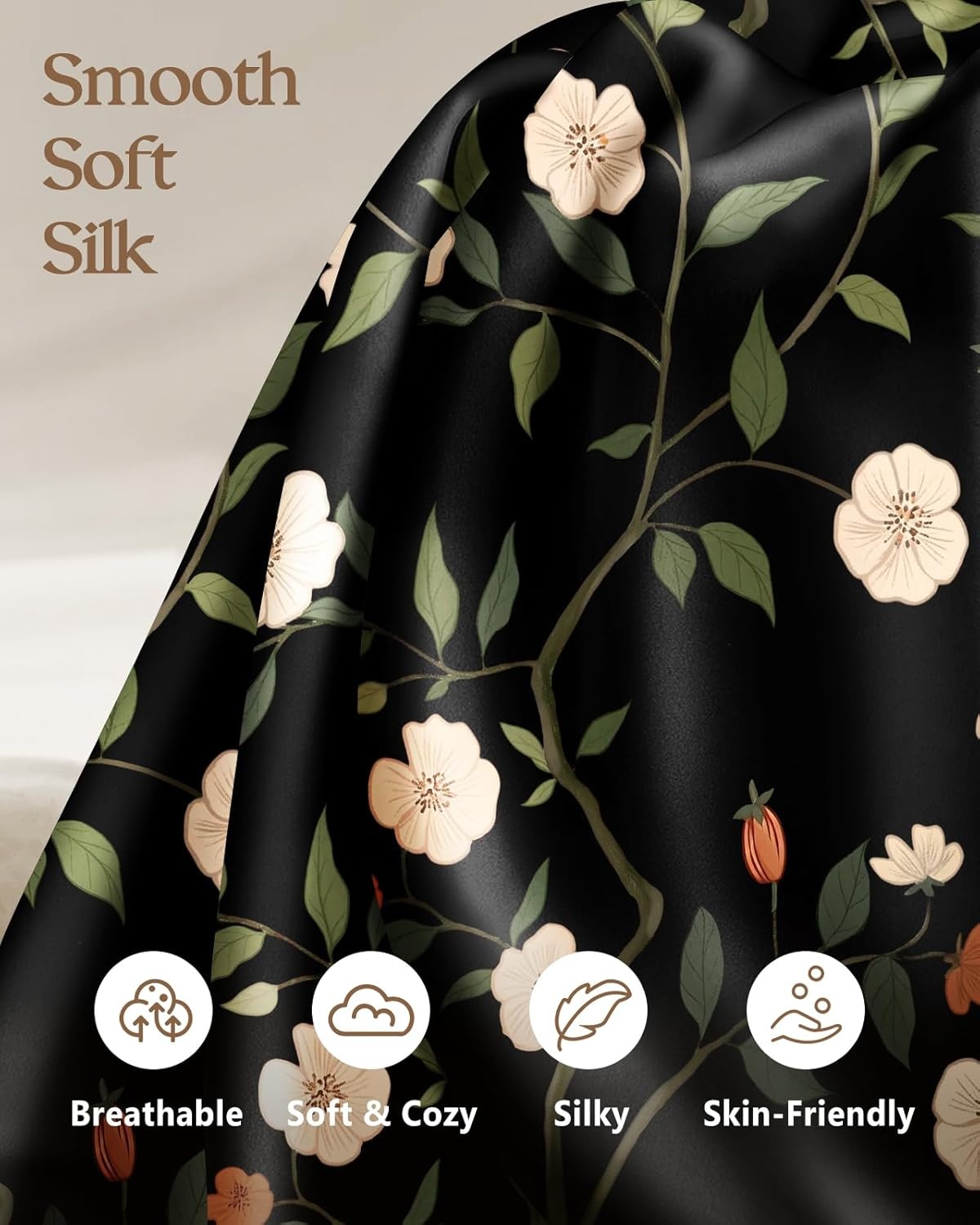 image:imageMiss Adola 2 Pack Silk Pillowcases 20x26 Inch Standard Size Silk Pillow Cases with Hidden Zipper for Women Lady Smooth Soft Breathable Cooling Design Pillowcases for Hair and Skin Green LeafBlack Flowers
