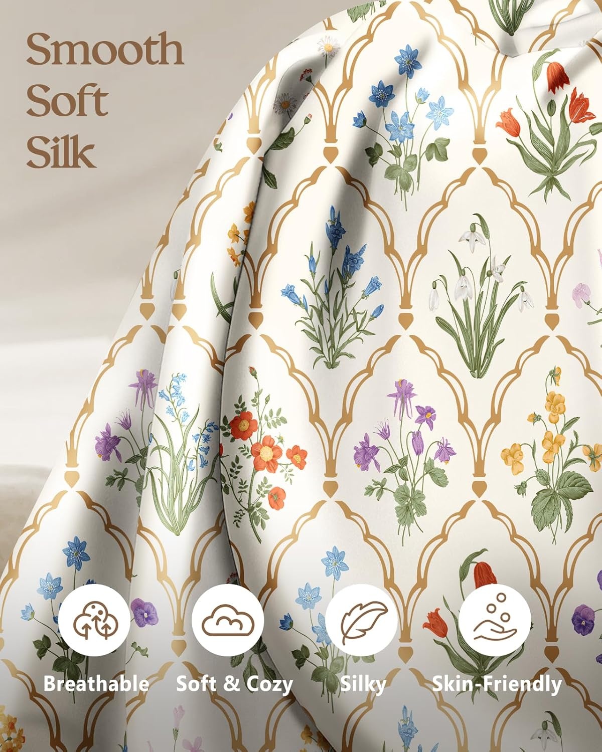 image:imageMiss Adola 2 Pack Silk Pillowcases 20x26 Inch Standard Size Silk Pillow Cases with Hidden Zipper for Women Lady Smooth Soft Breathable Cooling Design Pillowcases for Hair and Skin Green LeafCheck Flower