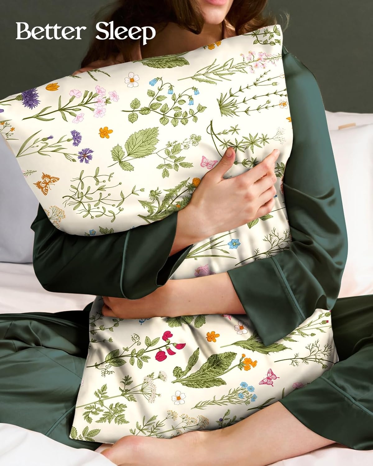 image:imageMiss Adola 2 Pack Silk Pillowcases 20x26 Inch Standard Size Silk Pillow Cases with Hidden Zipper for Women Lady Smooth Soft Breathable Cooling Design Pillowcases for Hair and Skin Green LeafLeaf Flower