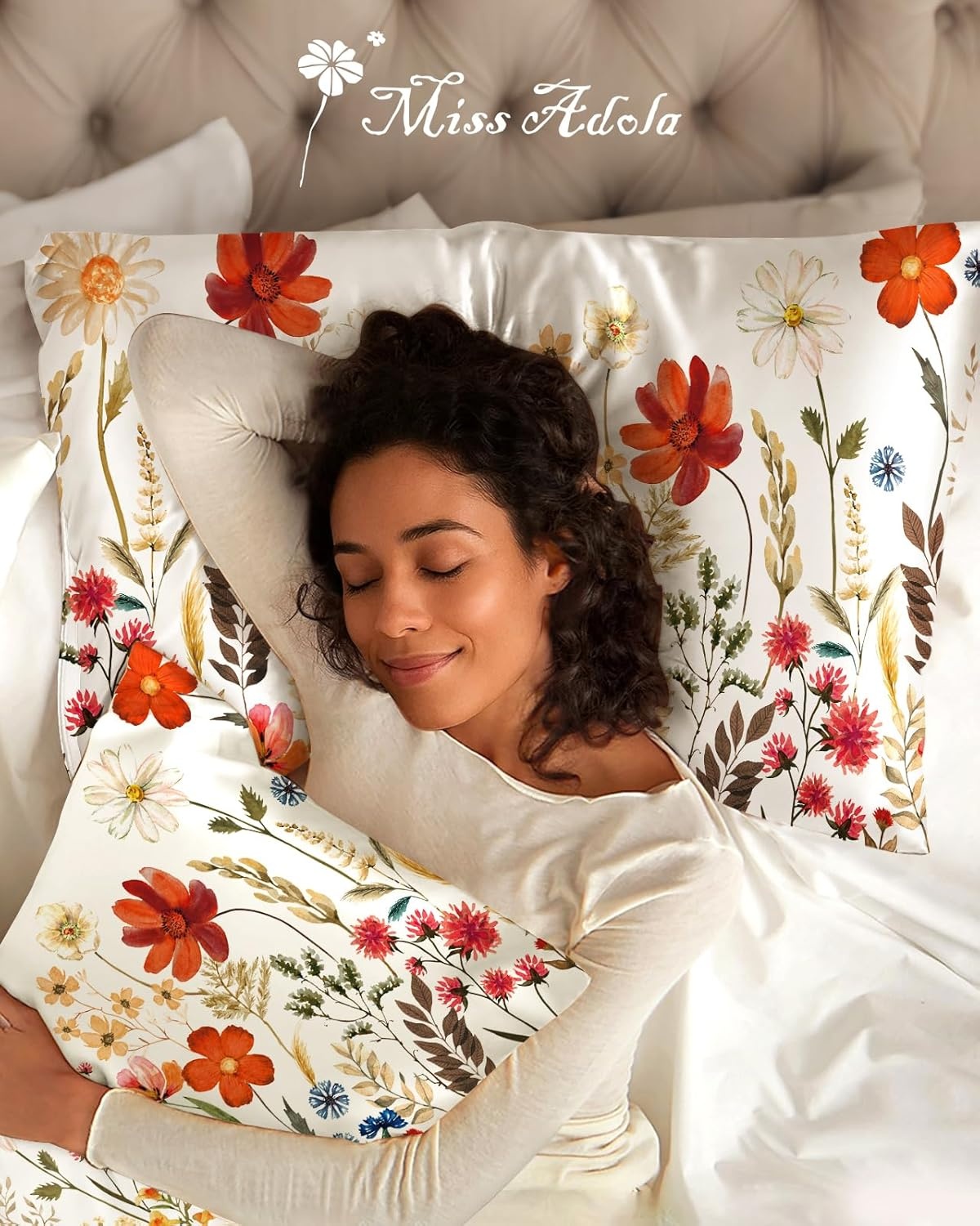 image:imageMiss Adola 2 Pack Silk Pillowcases 20x26 Inch Standard Size Silk Pillow Cases with Hidden Zipper for Women Lady Smooth Soft Breathable Cooling Design Pillowcases for Hair and Skin Green Leaf3d Red Flower