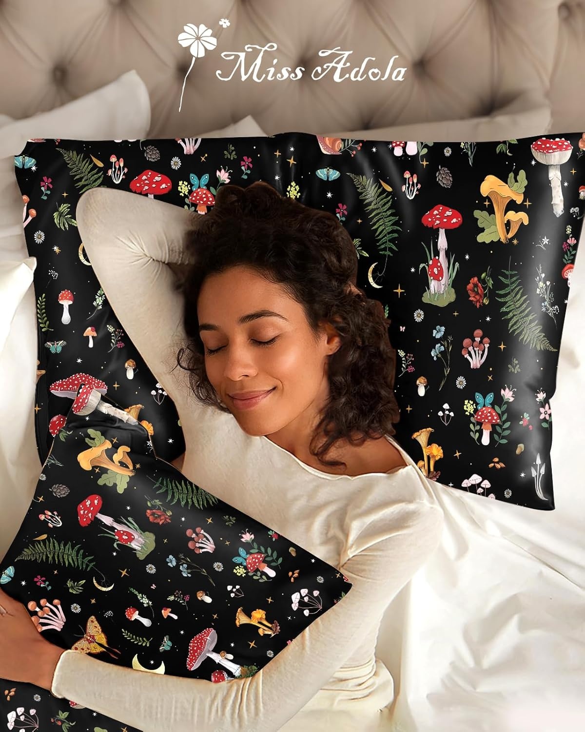 image:imageMiss Adola 2 Pack Silk Pillowcases 20x26 Inch Standard Size Silk Pillow Cases with Hidden Zipper for Women Lady Smooth Soft Breathable Cooling Design Pillowcases for Hair and Skin Green LeafBlack Mushroom