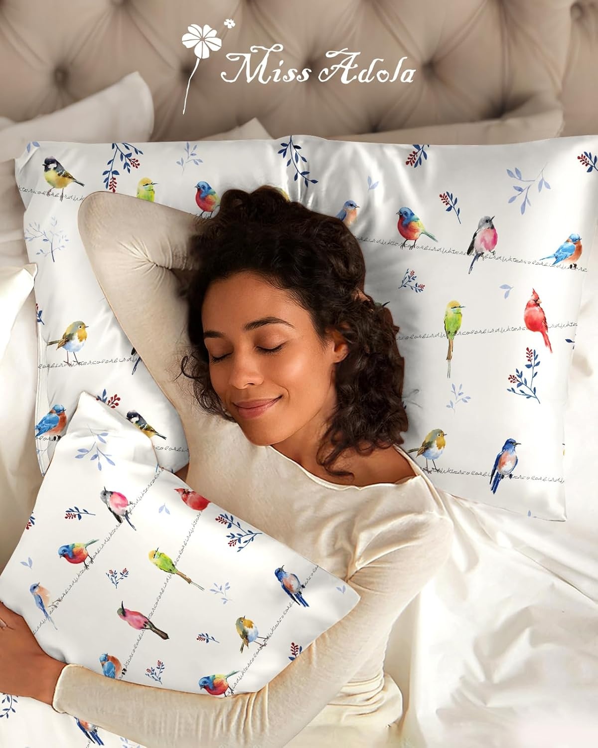 image:imageMiss Adola 2 Pack Silk Pillowcases 20x26 Inch Standard Size Silk Pillow Cases with Hidden Zipper for Women Lady Smooth Soft Breathable Cooling Design Pillowcases for Hair and Skin Green LeafWatercolor Bird