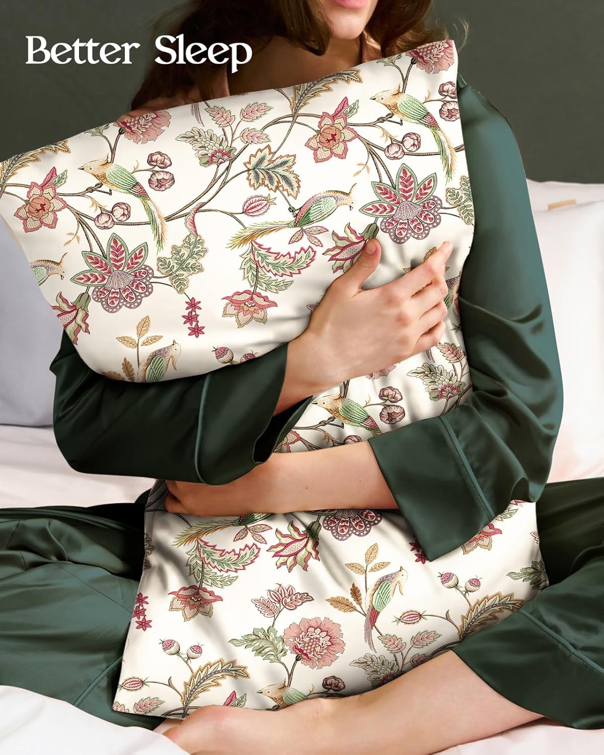 image:imageMiss Adola 2 Pack Silk Pillowcases 20x26 Inch Standard Size Silk Pillow Cases with Hidden Zipper for Women Lady Smooth Soft Breathable Cooling Design Pillowcases for Hair and Skin Green LeafFlower Bird