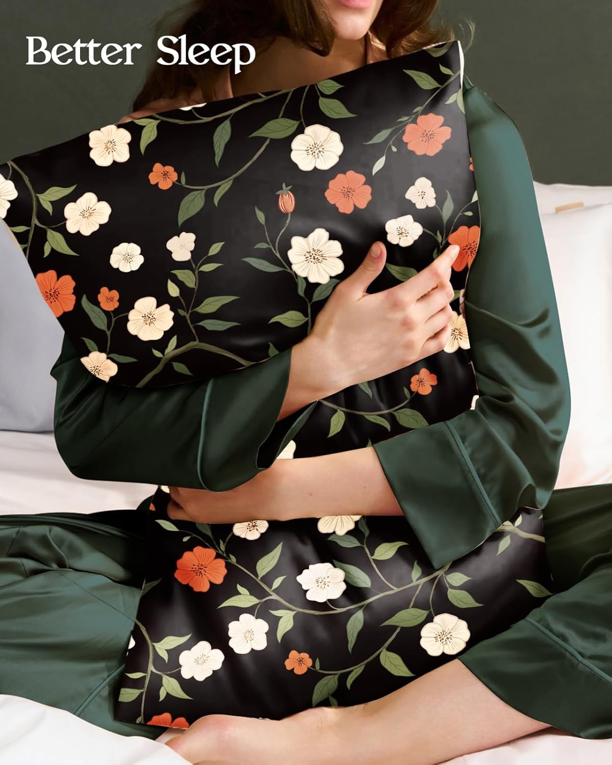 image:imageMiss Adola 2 Pack Silk Pillowcases 20x26 Inch Standard Size Silk Pillow Cases with Hidden Zipper for Women Lady Smooth Soft Breathable Cooling Design Pillowcases for Hair and Skin Green LeafBlack Flowers