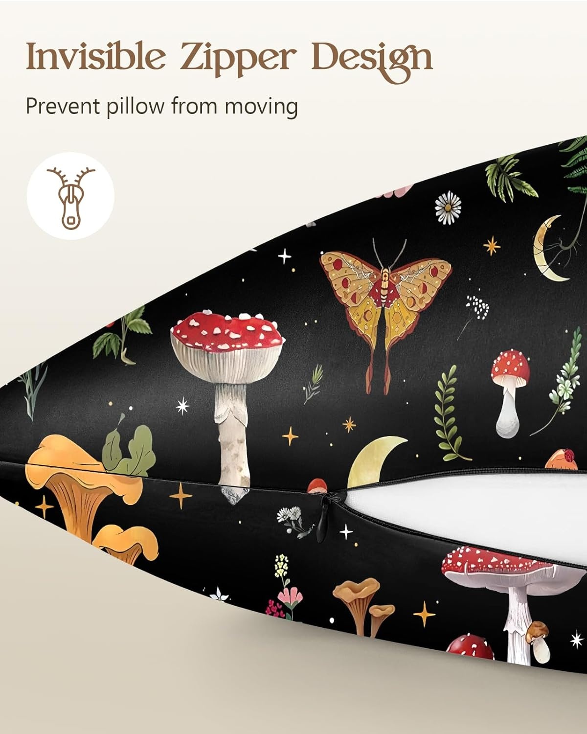 image:imageMiss Adola 2 Pack Silk Pillowcases 20x26 Inch Standard Size Silk Pillow Cases with Hidden Zipper for Women Lady Smooth Soft Breathable Cooling Design Pillowcases for Hair and Skin Green LeafBlack Mushroom