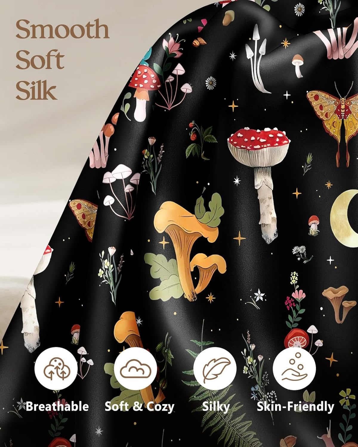 image:imageMiss Adola 2 Pack Silk Pillowcases 20x26 Inch Standard Size Silk Pillow Cases with Hidden Zipper for Women Lady Smooth Soft Breathable Cooling Design Pillowcases for Hair and Skin Green LeafBlack Mushroom