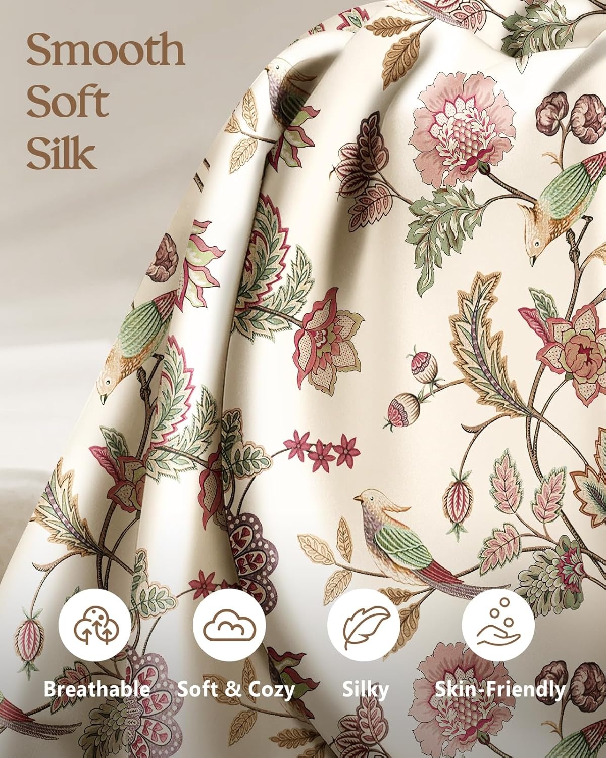 image:imageMiss Adola 2 Pack Silk Pillowcases 20x26 Inch Standard Size Silk Pillow Cases with Hidden Zipper for Women Lady Smooth Soft Breathable Cooling Design Pillowcases for Hair and Skin Green LeafFlower Bird