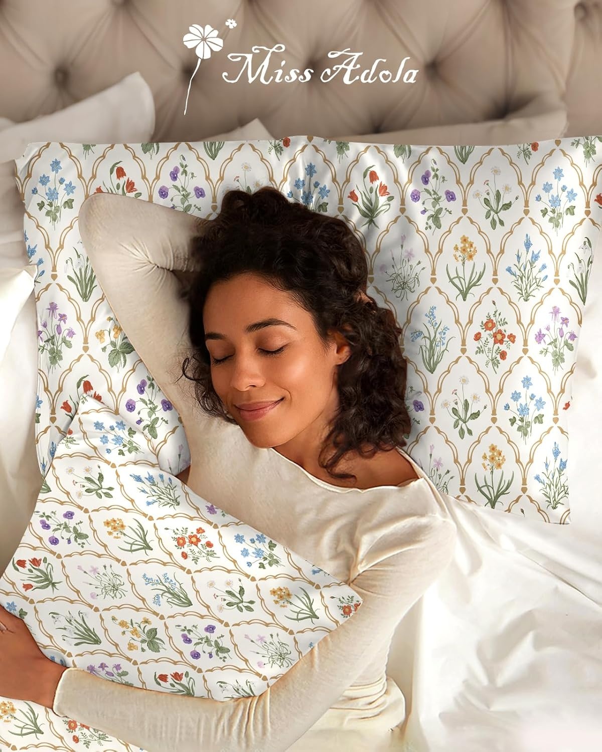 image:imageMiss Adola 2 Pack Silk Pillowcases 20x26 Inch Standard Size Silk Pillow Cases with Hidden Zipper for Women Lady Smooth Soft Breathable Cooling Design Pillowcases for Hair and Skin Green LeafCheck Flower