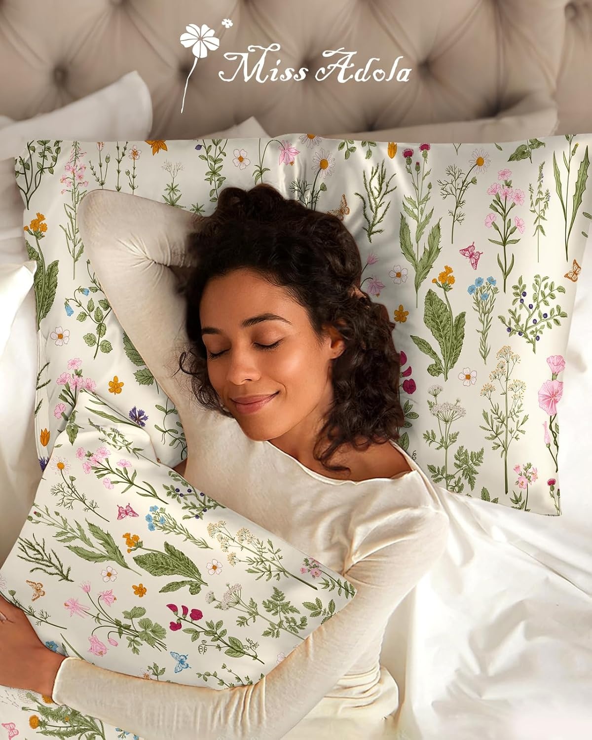 image:imageMiss Adola 2 Pack Silk Pillowcases 20x26 Inch Standard Size Silk Pillow Cases with Hidden Zipper for Women Lady Smooth Soft Breathable Cooling Design Pillowcases for Hair and Skin Green LeafLeaf Flower