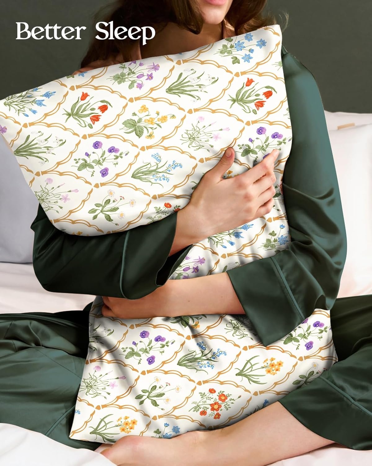 image:imageMiss Adola 2 Pack Silk Pillowcases 20x26 Inch Standard Size Silk Pillow Cases with Hidden Zipper for Women Lady Smooth Soft Breathable Cooling Design Pillowcases for Hair and Skin Green LeafCheck Flower