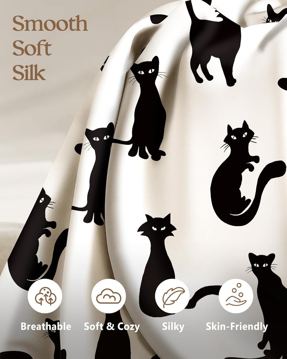 image:imageMiss Adola 2 Pack Silk Pillowcases 20x26 Inch Standard Size Silk Pillow Cases with Hidden Zipper for Women Lady Smooth Soft Breathable Cooling Design Pillowcases for Hair and Skin Green LeafBlack Cats
