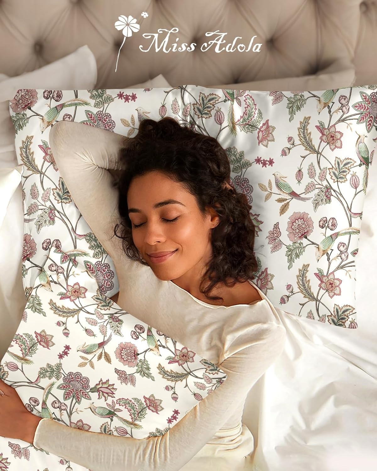 image:imageMiss Adola 2 Pack Silk Pillowcases 20x26 Inch Standard Size Silk Pillow Cases with Hidden Zipper for Women Lady Smooth Soft Breathable Cooling Design Pillowcases for Hair and Skin Green LeafFlower Bird