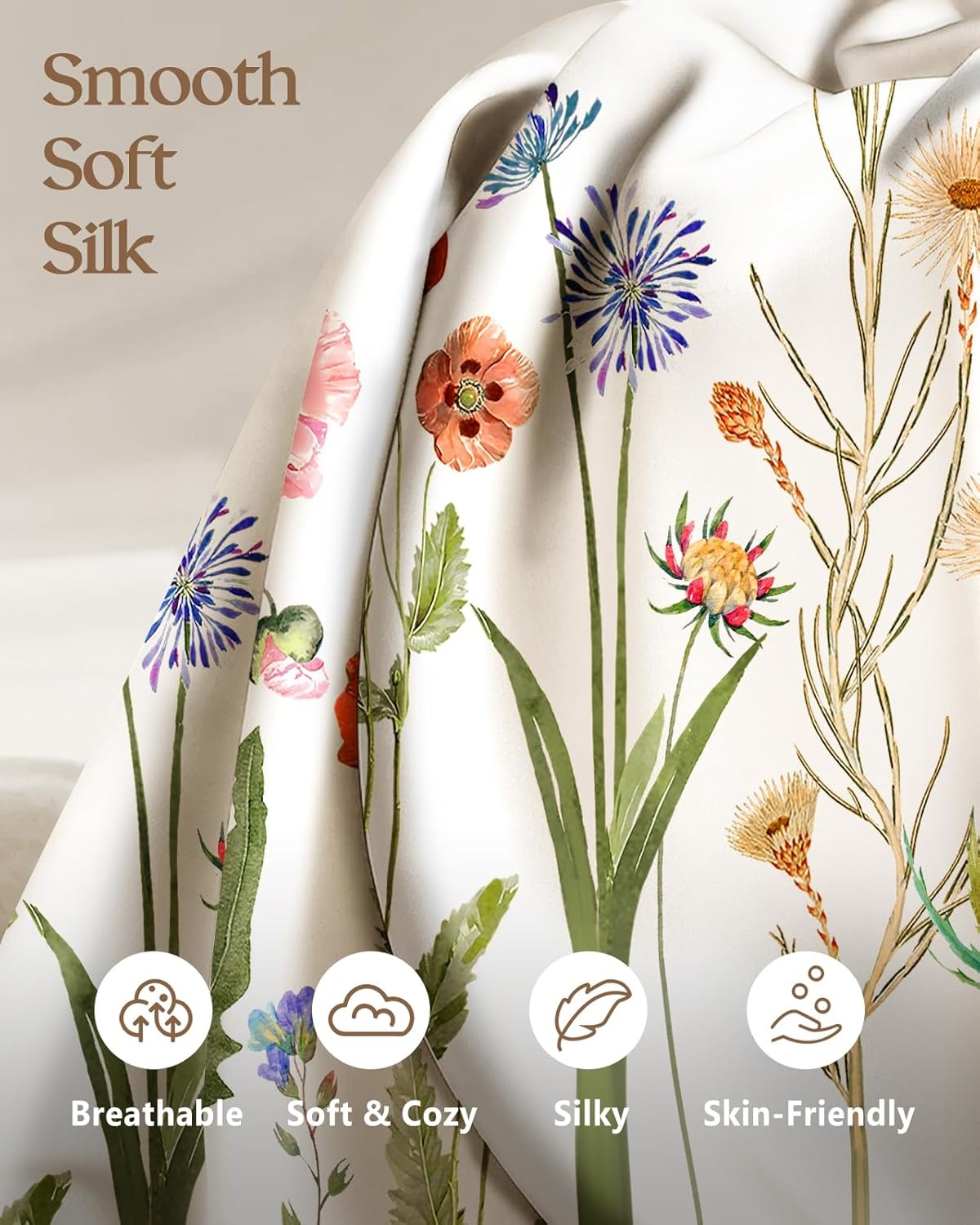image:imageMiss Adola 2 Pack Silk Pillowcases 20x26 Inch Standard Size Silk Pillow Cases with Hidden Zipper for Women Lady Smooth Soft Breathable Cooling Design Pillowcases for Hair and Skin Green LeafQuiet Flower