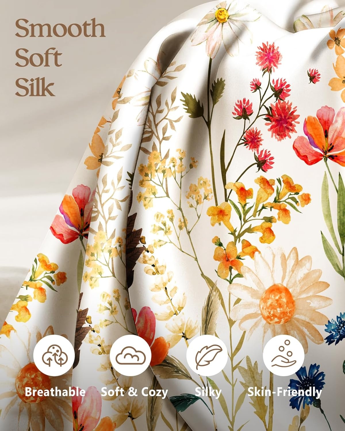 image:imageMiss Adola 2 Pack Silk Pillowcases 20x26 Inch Standard Size Silk Pillow Cases with Hidden Zipper for Women Lady Smooth Soft Breathable Cooling Design Pillowcases for Hair and Skin Green Leaf3d Red Flower
