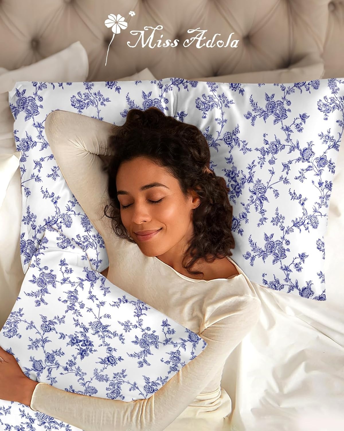 image:imageMiss Adola 2 Pack Silk Pillowcases 20x26 Inch Standard Size Silk Pillow Cases with Hidden Zipper for Women Lady Smooth Soft Breathable Cooling Design Pillowcases for Hair and Skin Green LeafBlue Bouquet