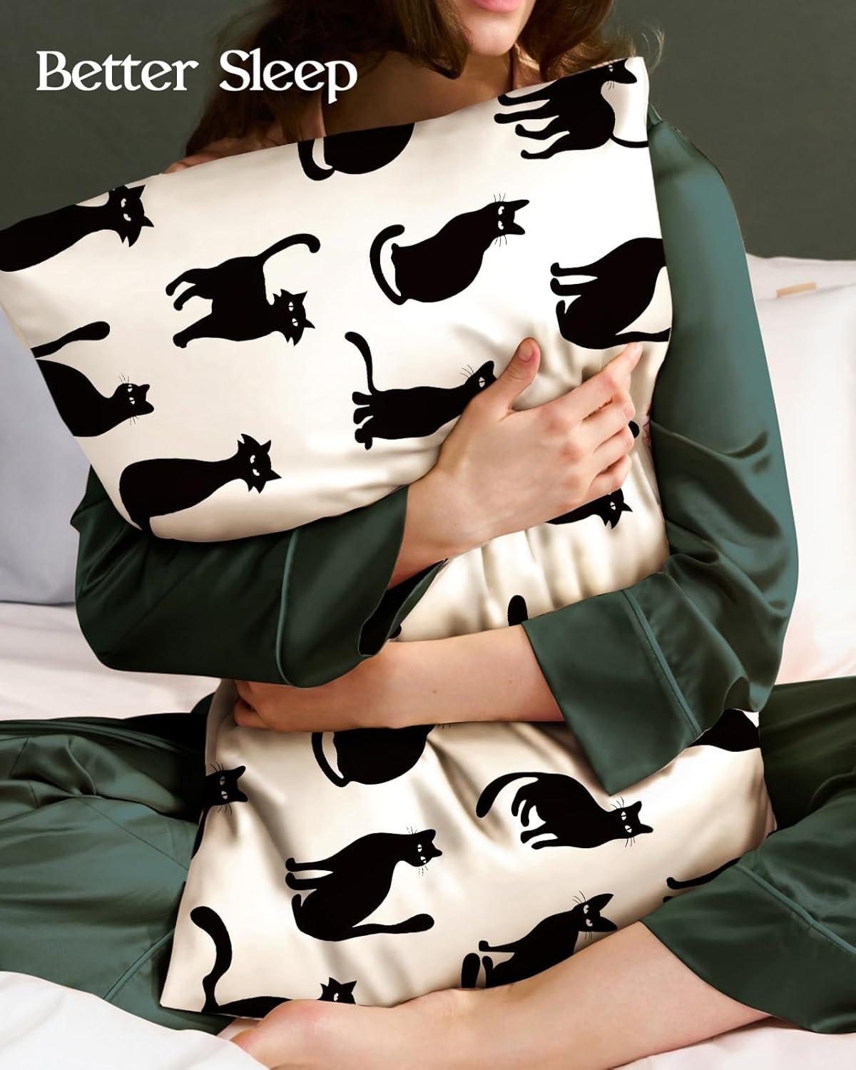 image:imageMiss Adola 2 Pack Silk Pillowcases 20x26 Inch Standard Size Silk Pillow Cases with Hidden Zipper for Women Lady Smooth Soft Breathable Cooling Design Pillowcases for Hair and Skin Green LeafBlack Cats