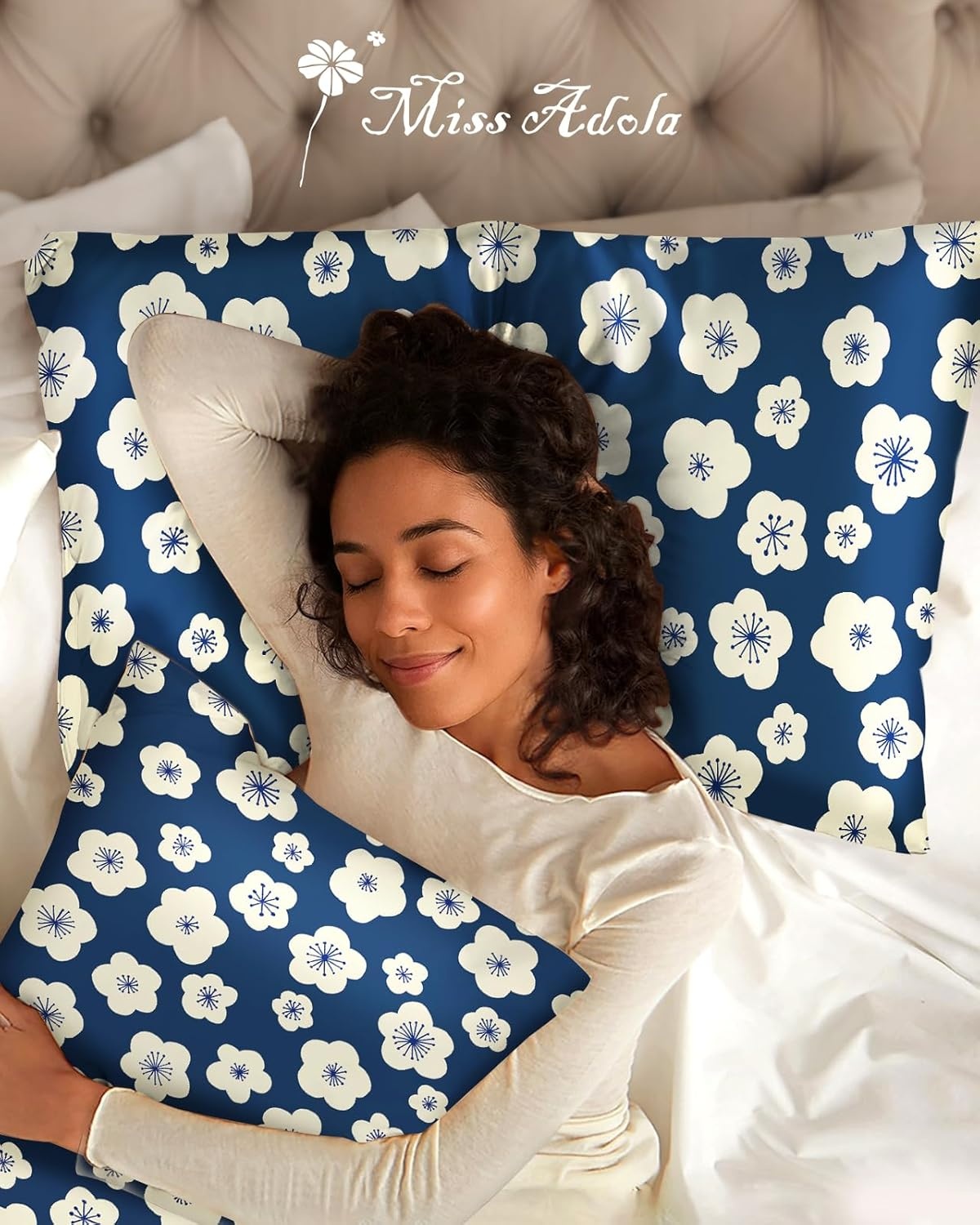 image:imageMiss Adola 2 Pack Silk Pillowcases Standard Size 20 x 26 Inch Silky Pillow Cases for Hair and Skin Soft Smooth Cooling Aesthetic Bed Sleeping Pillow Covers with Zipper for Women Green ArtBlue White Flowers