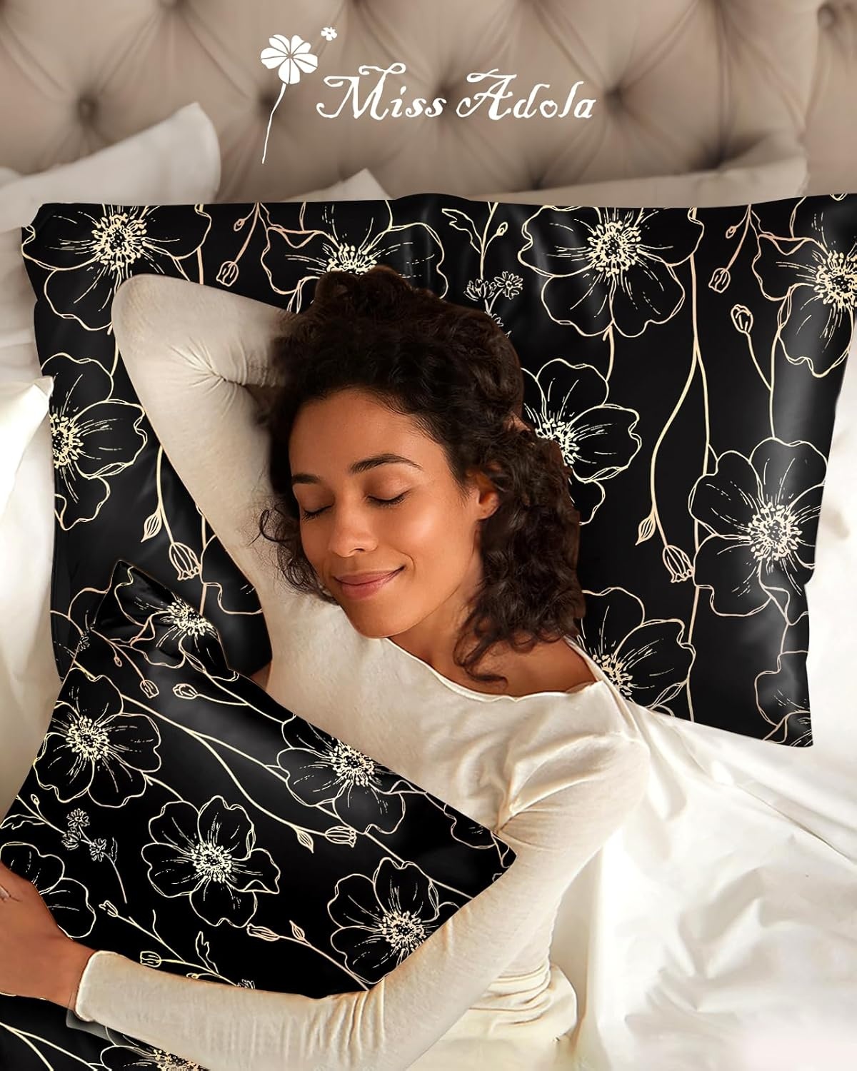 image:imageMiss Adola 2 Pack Silk Pillowcases Standard Size 20 x 26 Inch Silky Pillow Cases for Hair and Skin Soft Smooth Cooling Aesthetic Bed Sleeping Pillow Covers with Zipper for Women Green ArtGold Line Flowers