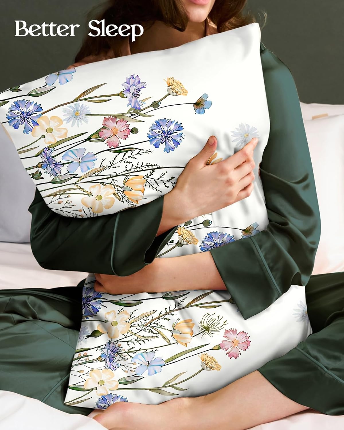 image:imageMiss Adola 2 Pack Silk Pillowcases Standard Size 20 x 26 Inch Silky Pillow Cases for Hair and Skin Soft Smooth Cooling Aesthetic Bed Sleeping Pillow Covers with Zipper for Women Green ArtColorful Flower