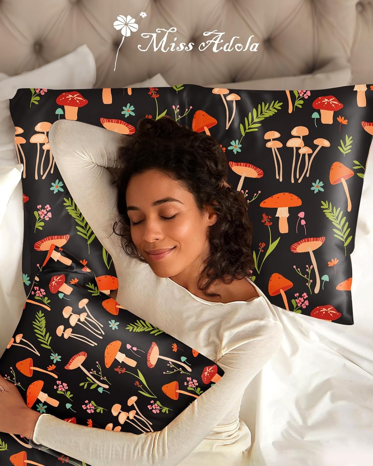 image:imageMiss Adola 2 Pack Silk Pillowcases Standard Size 20 x 26 Inch Silky Pillow Cases for Hair and Skin Soft Smooth Cooling Aesthetic Bed Sleeping Pillow Covers with Zipper for Women Green ArtMushroom Flowers