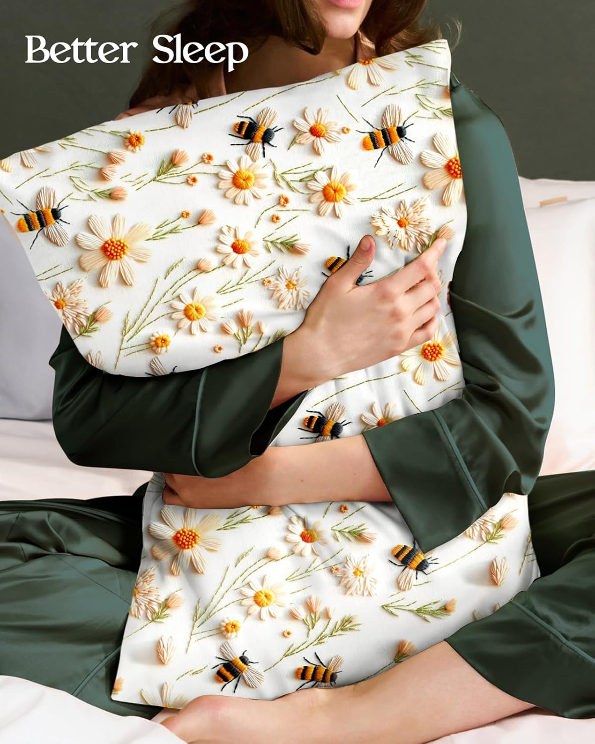 image:imageMiss Adola 2 Pack Silk Pillowcases Standard Size 20 x 26 Inch Silky Pillow Cases for Hair and Skin Soft Smooth Cooling Aesthetic Bed Sleeping Pillow Covers with Zipper for Women Green ArtWhite Flower Bee