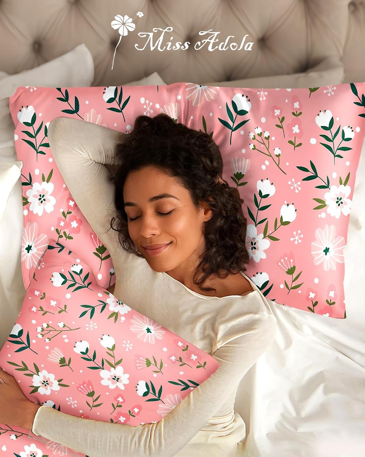 image:imageMiss Adola 2 Pack Silk Pillowcases Standard Size 20 x 26 Inch Silky Pillow Cases for Hair and Skin Soft Smooth Cooling Aesthetic Bed Sleeping Pillow Covers with Zipper for Women Green ArtPk White Flowers