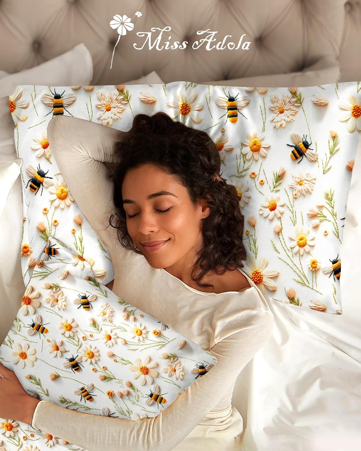 image:imageMiss Adola 2 Pack Silk Pillowcases Standard Size 20 x 26 Inch Silky Pillow Cases for Hair and Skin Soft Smooth Cooling Aesthetic Bed Sleeping Pillow Covers with Zipper for Women Green ArtWhite Flower Bee