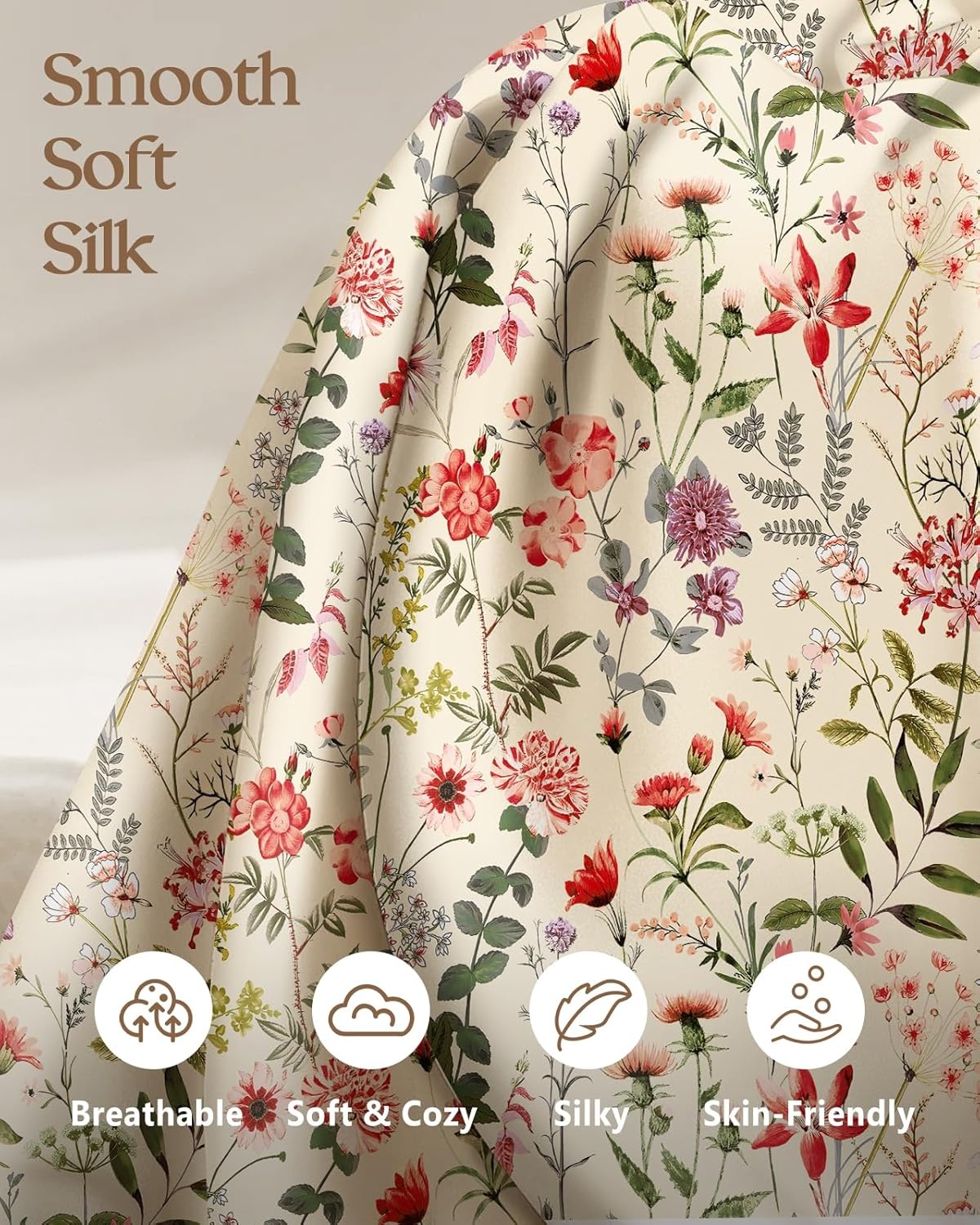 image:imageMiss Adola 2 Pack Silk Pillowcases Standard Size 20 x 26 Inch Silky Pillow Cases for Hair and Skin Soft Smooth Cooling Aesthetic Bed Sleeping Pillow Covers with Zipper for Women Green ArtFlower Shrubs