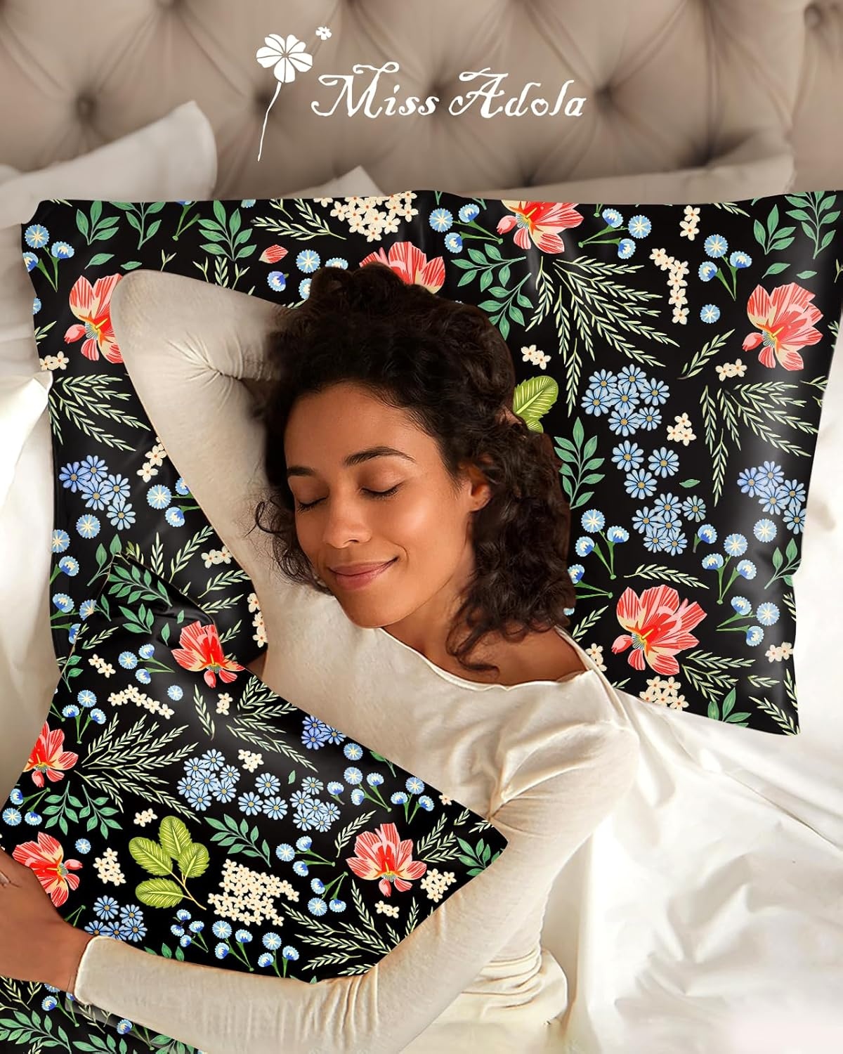 image:imageMiss Adola 2 Pack Silk Pillowcases Standard Size 20 x 26 Inch Silky Pillow Cases for Hair and Skin Soft Smooth Cooling Aesthetic Bed Sleeping Pillow Covers with Zipper for Women Green ArtBlack Leaf Flowers