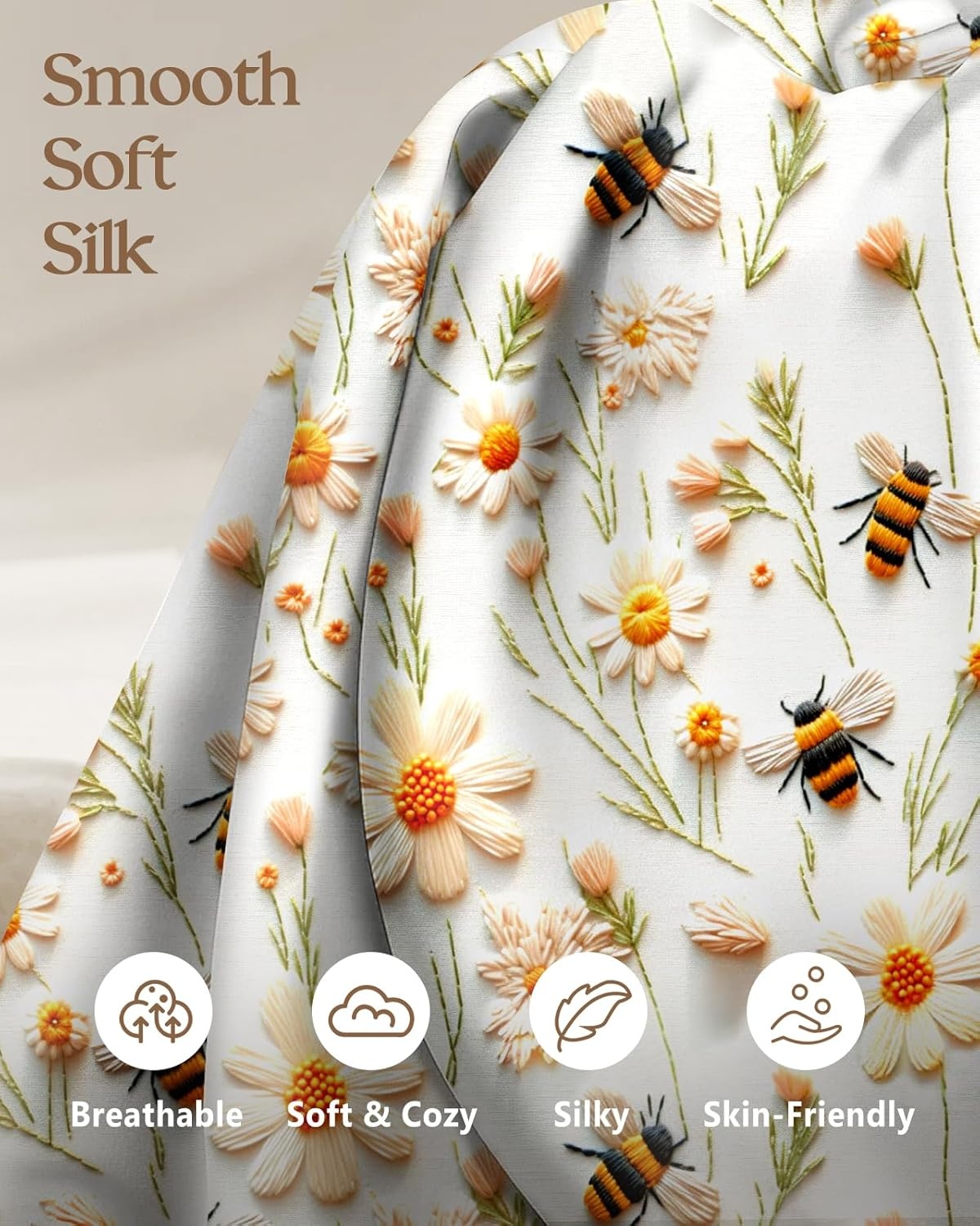 image:imageMiss Adola 2 Pack Silk Pillowcases Standard Size 20 x 26 Inch Silky Pillow Cases for Hair and Skin Soft Smooth Cooling Aesthetic Bed Sleeping Pillow Covers with Zipper for Women Green ArtWhite Flower Bee
