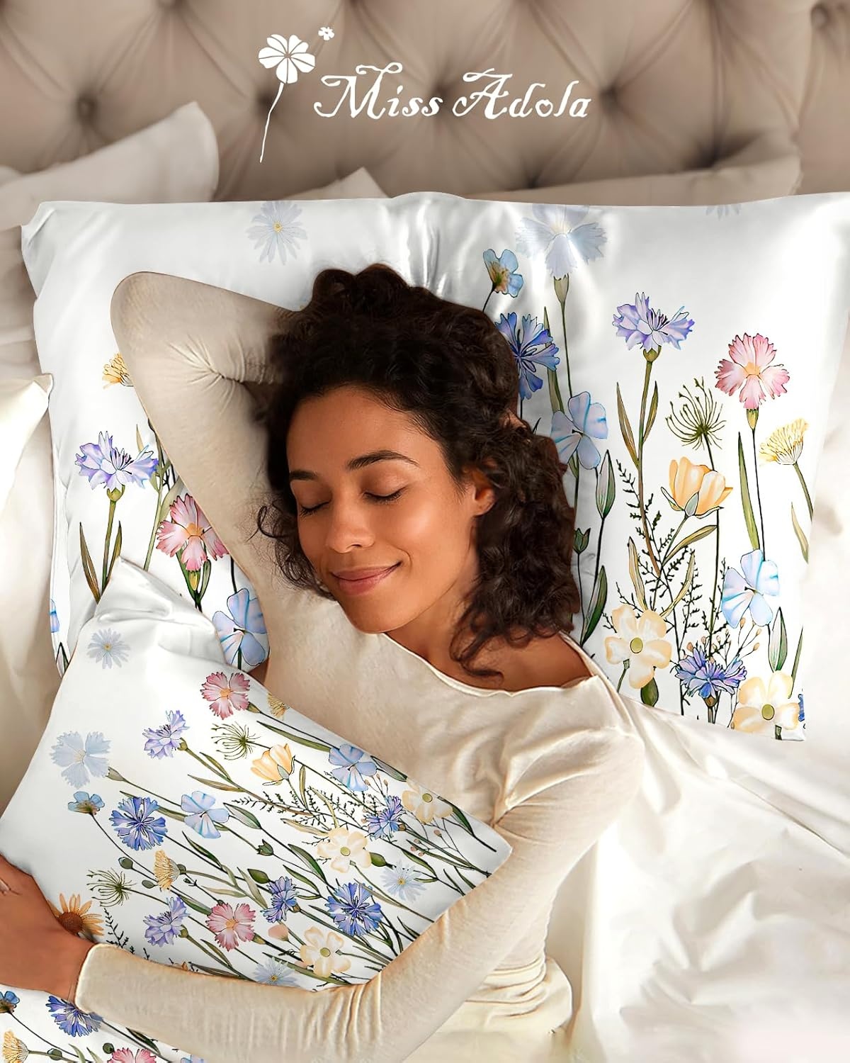 image:imageMiss Adola 2 Pack Silk Pillowcases Standard Size 20 x 26 Inch Silky Pillow Cases for Hair and Skin Soft Smooth Cooling Aesthetic Bed Sleeping Pillow Covers with Zipper for Women Green ArtColorful Flower