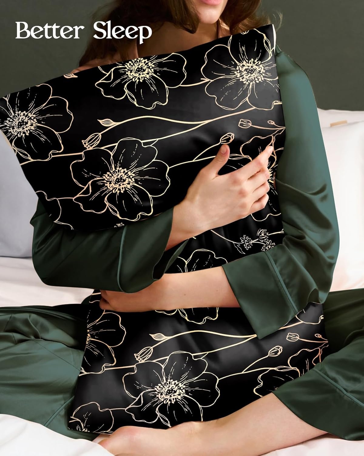 image:imageMiss Adola 2 Pack Silk Pillowcases Standard Size 20 x 26 Inch Silky Pillow Cases for Hair and Skin Soft Smooth Cooling Aesthetic Bed Sleeping Pillow Covers with Zipper for Women Green ArtGold Line Flowers