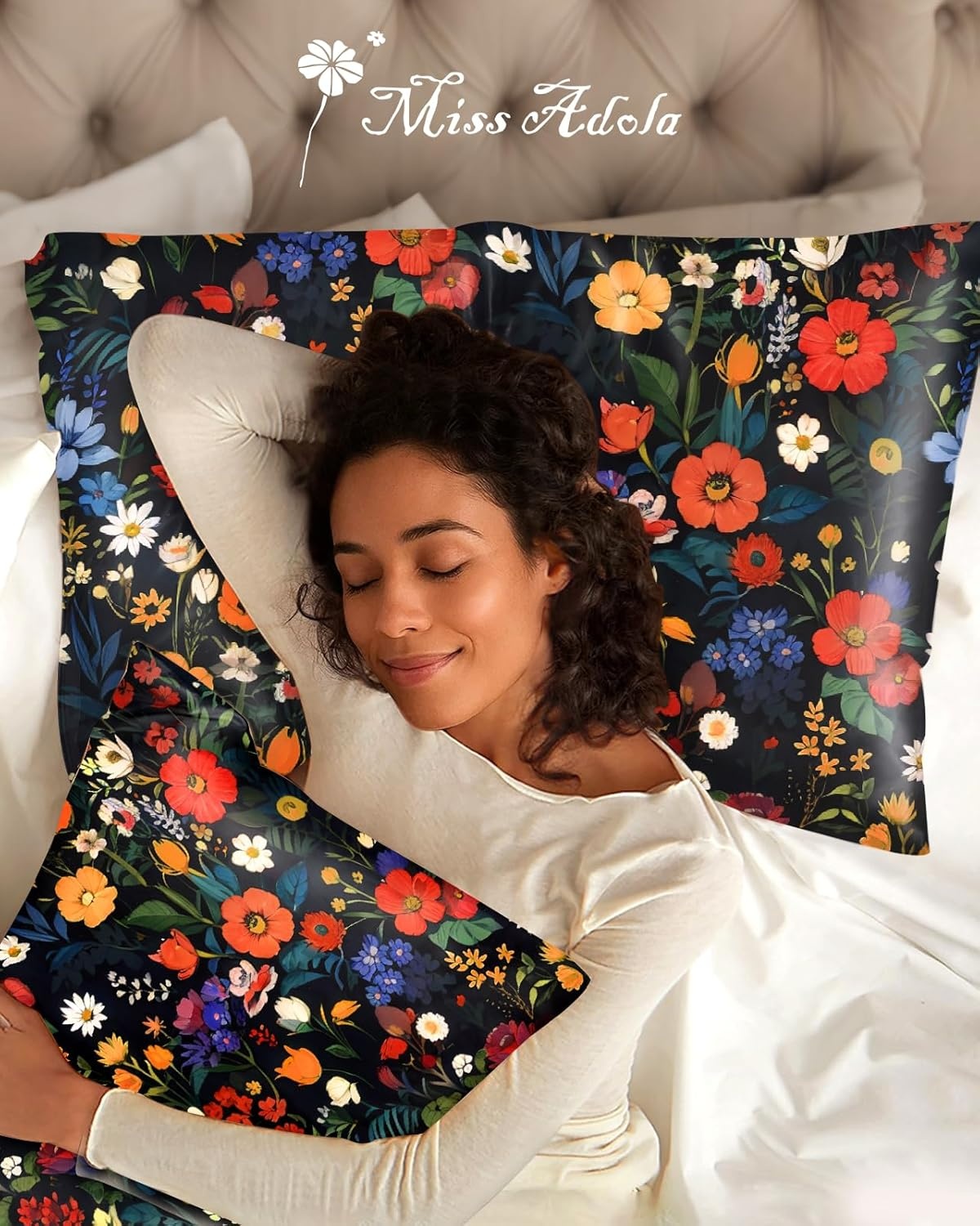 image:imageMiss Adola 2 Pack Silk Pillowcases Standard Size 20 x 26 Inch Silky Pillow Cases for Hair and Skin Soft Smooth Cooling Aesthetic Bed Sleeping Pillow Covers with Zipper for Women Green ArtBlack Floral