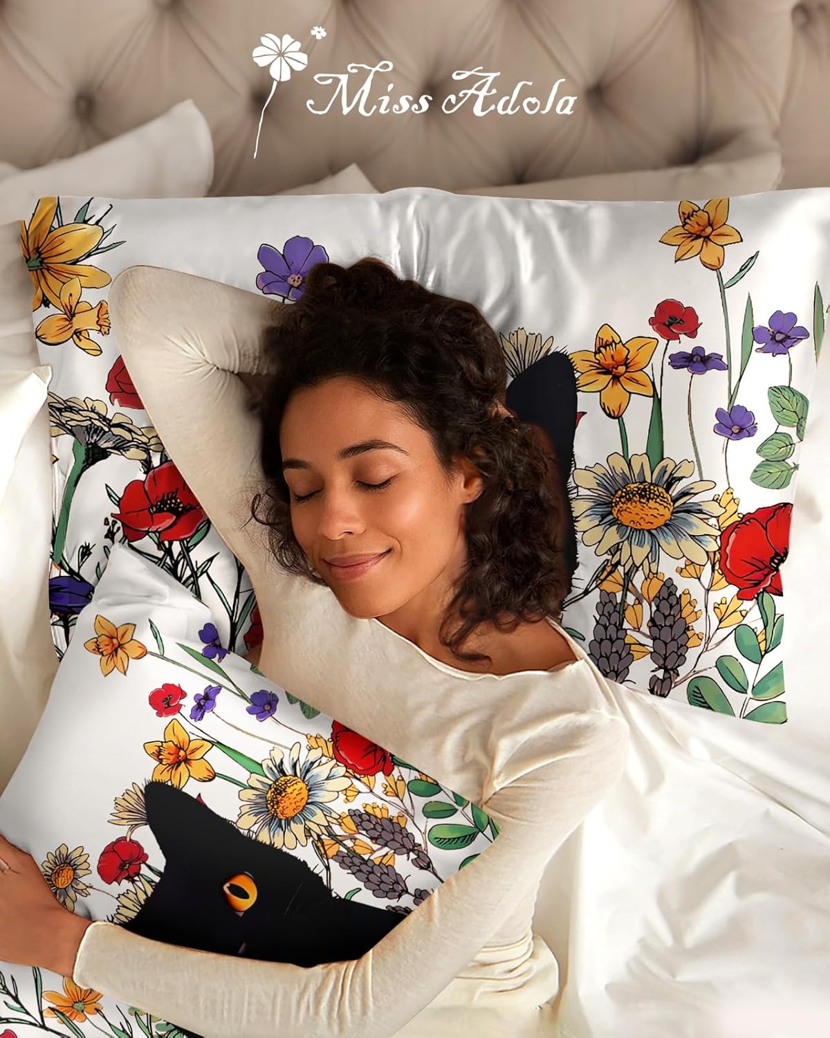 image:imageMiss Adola 2 Pack Silk Pillowcases Standard Size 20 x 26 Inch Silky Pillow Cases for Hair and Skin Soft Smooth Cooling Aesthetic Bed Sleeping Pillow Covers with Zipper for Women Green ArtCat in Grass