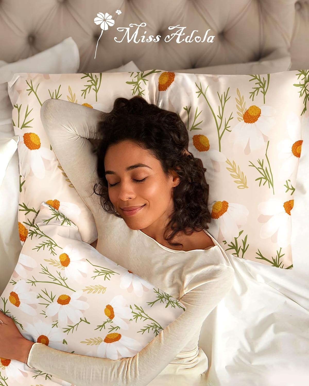 image:imageMiss Adola 2 Pack Silk Pillowcases Standard Size 20 x 26 Inch Silky Pillow Cases for Hair and Skin Soft Smooth Cooling Aesthetic Bed Sleeping Pillow Covers with Zipper for Women Green ArtFull Daisy
