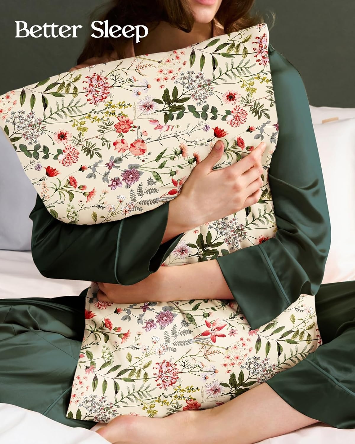 image:imageMiss Adola 2 Pack Silk Pillowcases Standard Size 20 x 26 Inch Silky Pillow Cases for Hair and Skin Soft Smooth Cooling Aesthetic Bed Sleeping Pillow Covers with Zipper for Women Green ArtFlower Shrubs