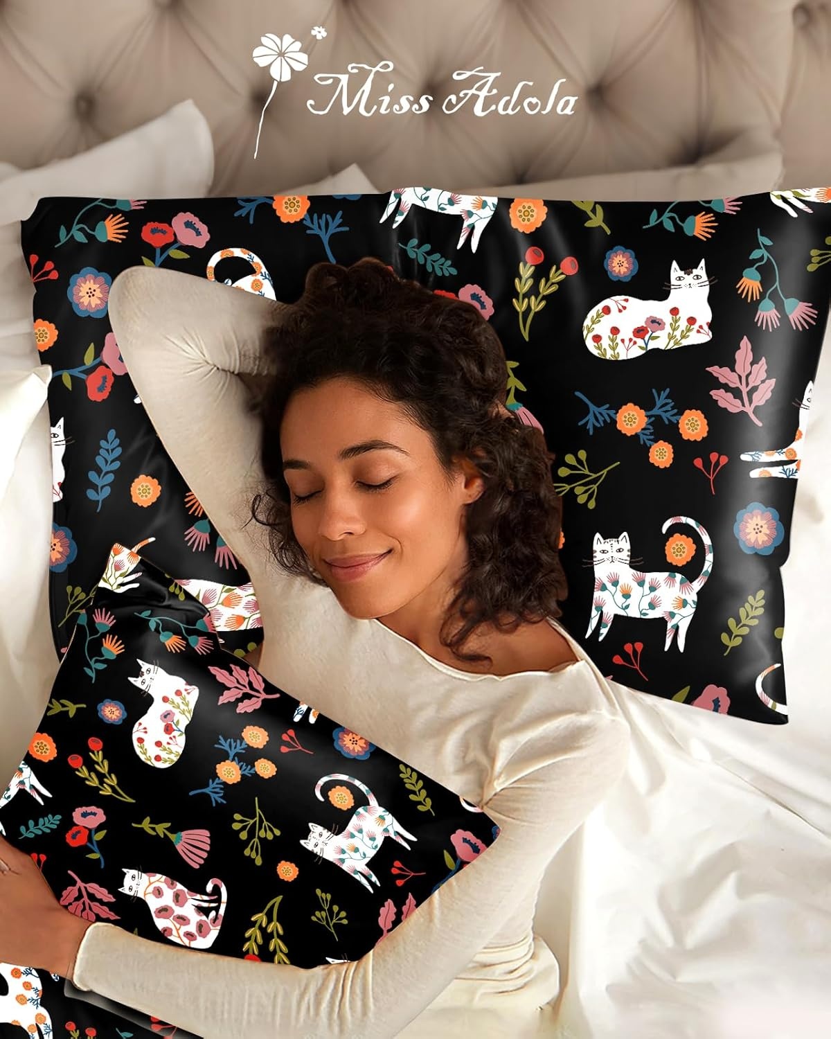 image:imageMiss Adola 2 Pack Silk Pillowcases Standard Size 20 x 26 Inch Silky Pillow Cases for Hair and Skin Soft Smooth Cooling Aesthetic Bed Sleeping Pillow Covers with Zipper for Women Green ArtBlack Flower Cats